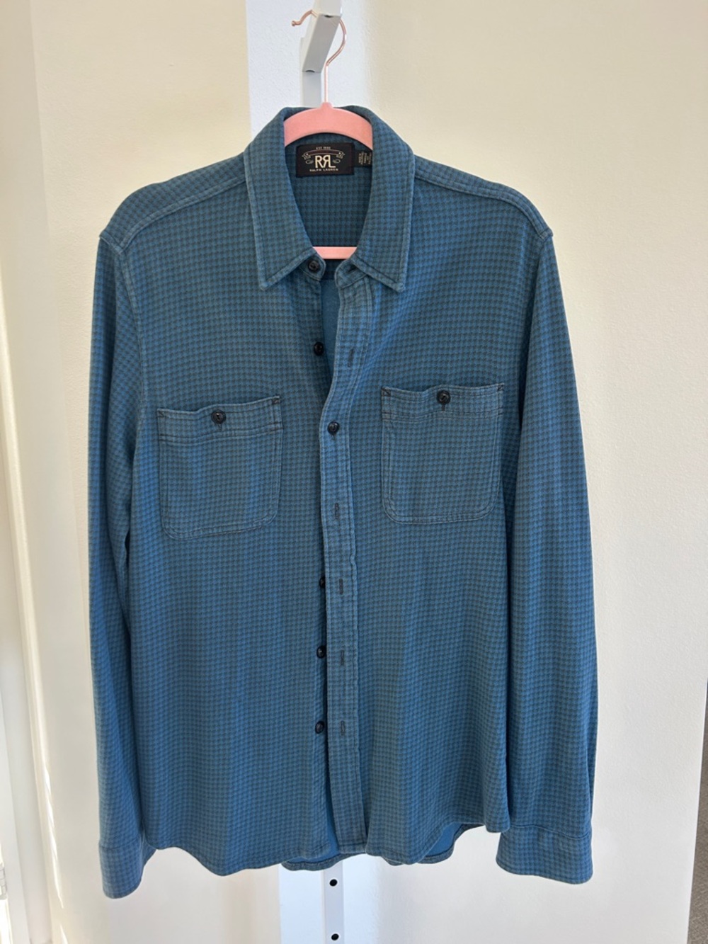 RRL Ralph Lauren Double RL Teal-Blue Long Sleeve Button-Down Knit Shirt